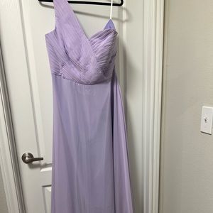 Violet long dress off one shoulder. Sz 12-14. Never worn. Chiffon